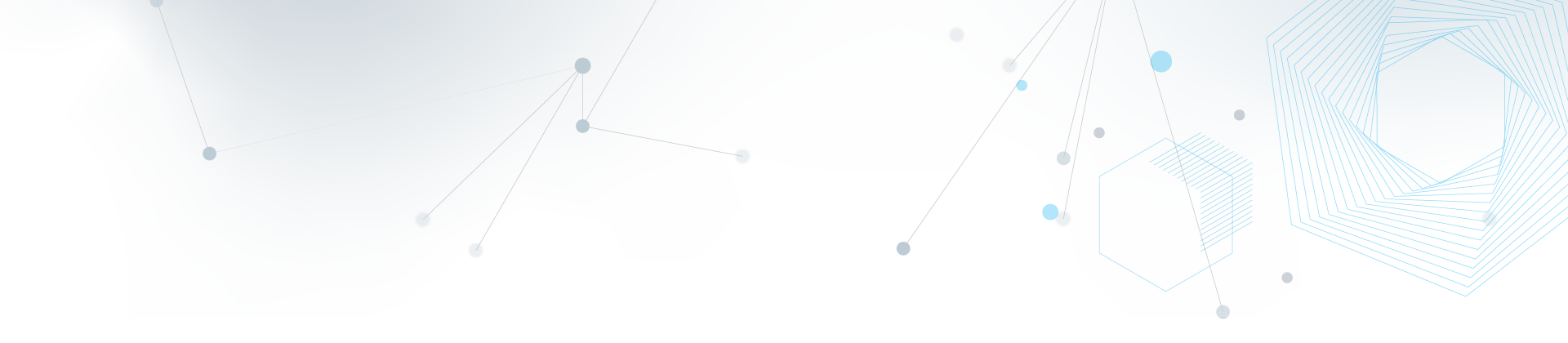 A white background with grey gradient spots, with lines extending to circles creating a connected-network effect. To the right, there is a woven hexagon and a smaller hexagon with lines extending out of it.