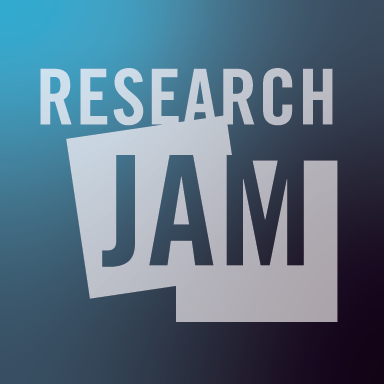 Research jam logo in white with a blue gradient background behind it.
