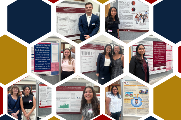 A collage of hexagons of multiple colors features photos of the 2025 cohort of the IMPRS summer program standing next to their posters.