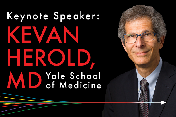 Promotional graphic featuring keynote speaker Kevan Herold, MD, from Yale School of Medicine. The text highlights his name in bold red letters against a black background, alongside his professional headshot of him wearing glasses, a suit, and a tie. A multicolored arrow graphic extends from the left side toward the right.